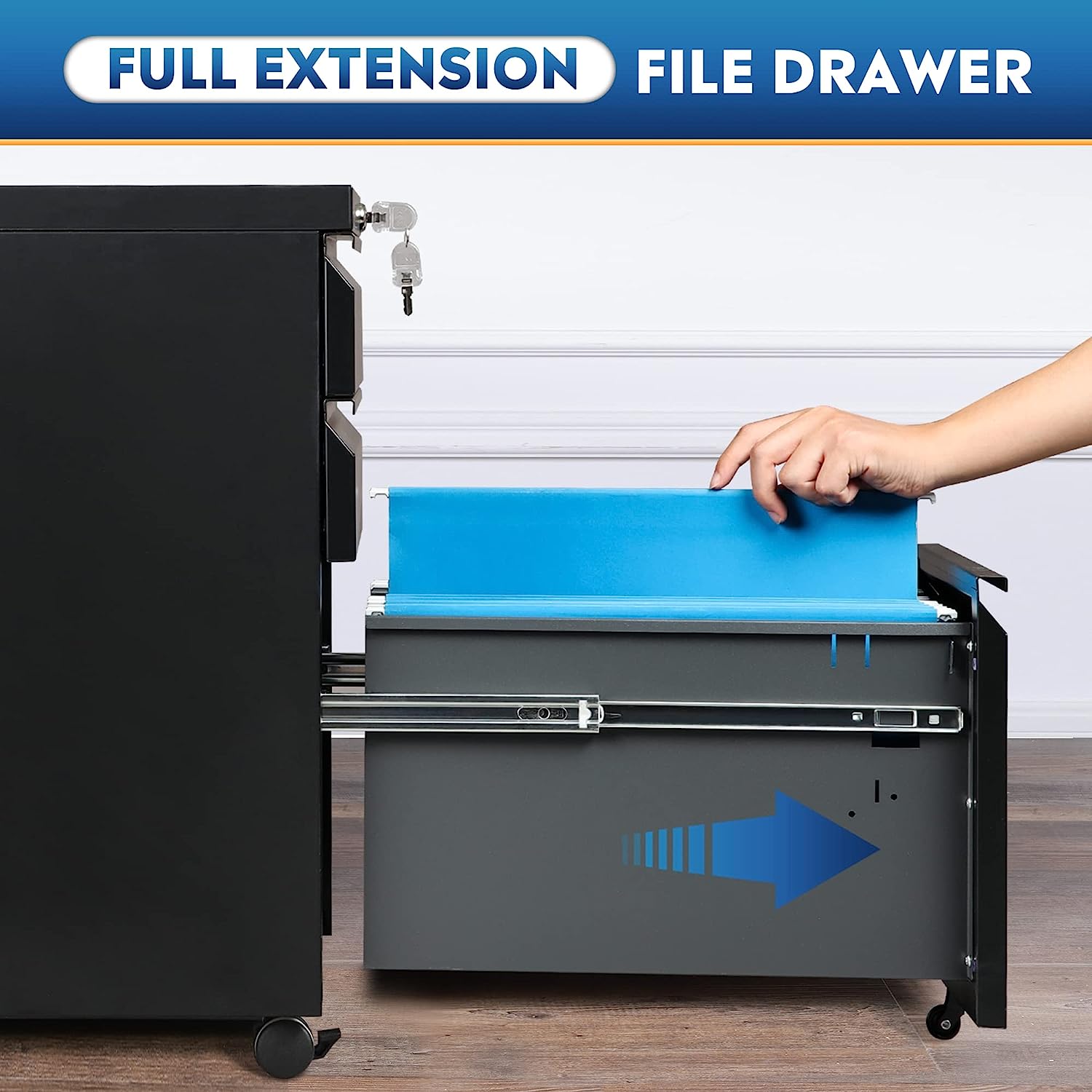 DEVAISE 3 Drawer Mobile File Cabinet with Lock, Under Desk Metal Filing Cabinet for Legal/Letter/A4 File, Fully Assembled Except Wheels, Black - Image 6